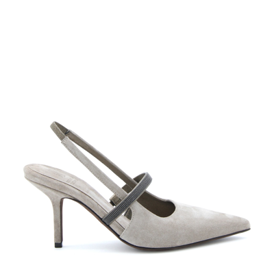Brunello Cucinelli Embellished Suede Slingback Pumps In Grey