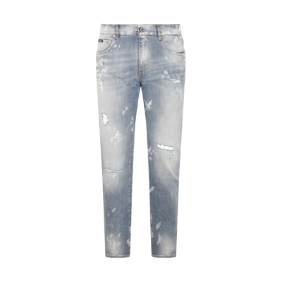 DOLCE & GABBANA LIGHT BLUE AND WHITE COTTON BLEND JEANS