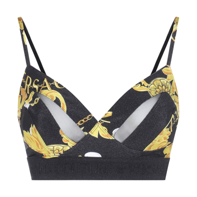 Versace Jeans Couture Barocco-print Multicolor Crop Top In Black/gold