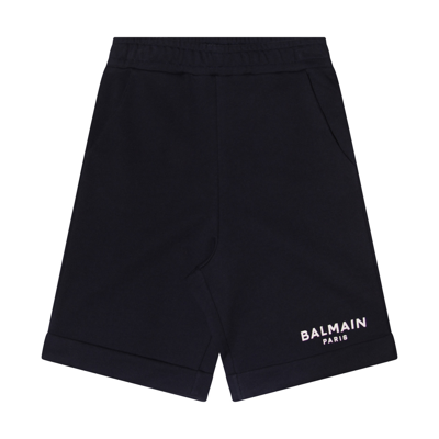 Balmain Navy Blue Cotton Shorts In Blu Navy/bianco