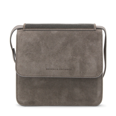 Brunello Cucinelli Dark Grey Suede Monili Shoulder Bag In Ossido