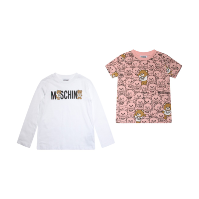 Moschino Babies' Off White And Pink Cotton Teddy Bear Print Two Set T-shirt In Bianco Ottico