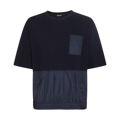 Undercover Navy Blue Cotton T-shirt In <p>navy Blue Cotton T-shirt From  Featuring Panelled Design, Crew Neck, Short Sleeves, Che