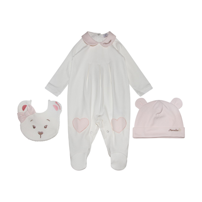 Monnalisa Babies' Cream And Pink Cotton Three Pieces Nursery Set In Panna/rosa