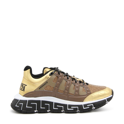 VERSACE BROWN MULTICOLOUR CANVAS AND LEATHER TRIGRECA BAROCCO SNEAKERS