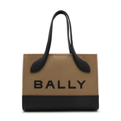 Bally Sand And Black Canvas Ew Bar Keep On Small Tote Bag In Beige