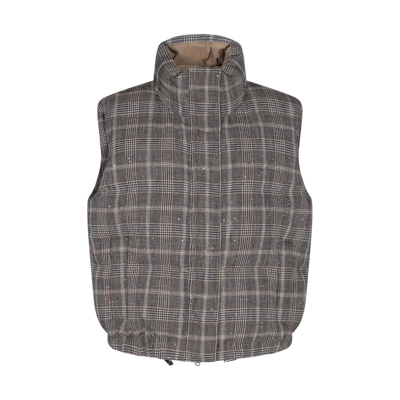 Brunello Cucinelli Brown Virgin Wool And Cotton Blend Check Waistcoat Down Jacket In Black