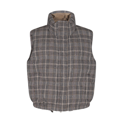 Brunello Cucinelli Brown Virgin Wool And Cotton Blend Check Vest Down Jacket In Black