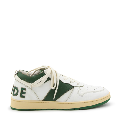 RHUDE WHITE AND HUNTER GREEN LEATHER SNEAKERS