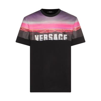 VERSACE BLACK COTTON VERSACE HILLS T-SHIRT