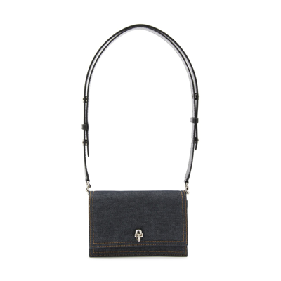 Alexander Mcqueen Dark Blue Canvas And Black Leather Denim Shoulder Bag In Denim Black
