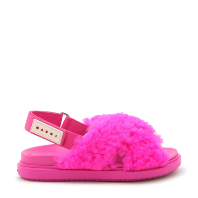 Marni Logo-patch Shearling Sandals In Multicolor