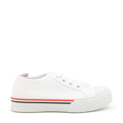 THOM BROWNE WHITE CANVAS COLLEGIATE LOW TOP SNEAKERS