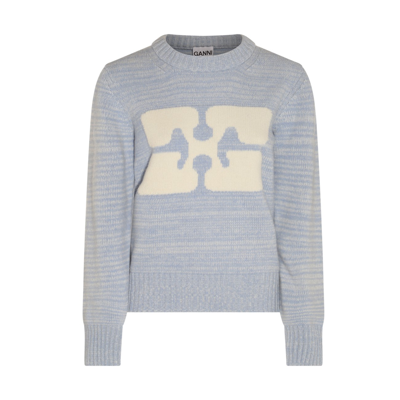 Ganni Light Blue And White Wool Blend Jumper In Ice Water
