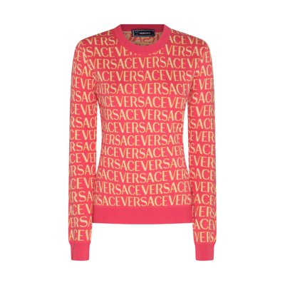 Versace Woman Embroidered Cotton Blend Sweater In Fuxia/pink