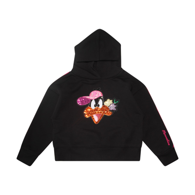 Monnalisa Kids' Daffy Duck Sequined Cotton Sweatshirt In Nero
