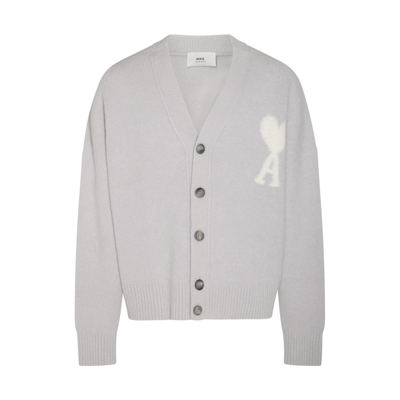 Ami Alexandre Mattiussi Pearl Grey And Ivory Mohair And Virgin Wool Blend Ami De Coeur Cardigan In Pearl Grey/ Ivory