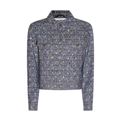 Moschino All-over Logo Denim Jacket With Rhinestones In Blue