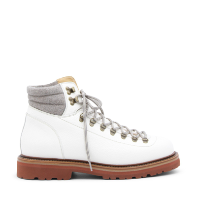 Brunello Cucinelli White Leather And Grey Canvas Boots