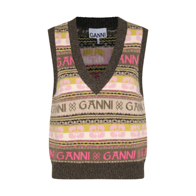Ganni Logo Wool Blend V-neck Vest In Multicolour