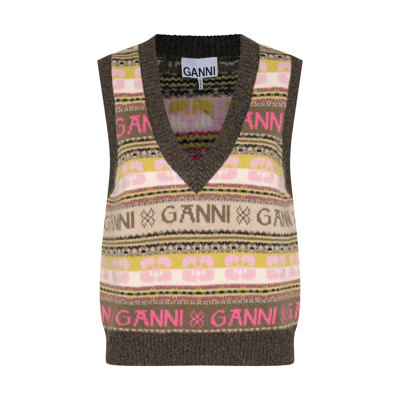 Ganni Ribbed V-neck Intarsia-knit Vest In Kalamata