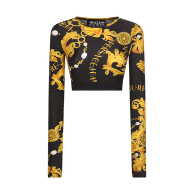 Versace Jeans Couture Barocco Print Crop Top In Black/gold