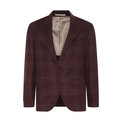 Brunello Cucinelli Burgundy Wool And Silk Blend Check Blazer In Multi