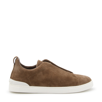 ZEGNA BROWN SUEDE TRIPLE STITCH SNEAKERS