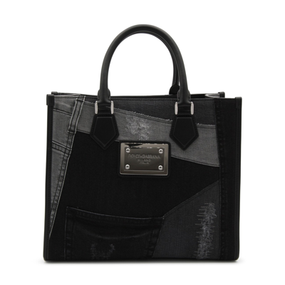 Dolce & Gabbana Small Denim Patchwork Tote Bag In Black