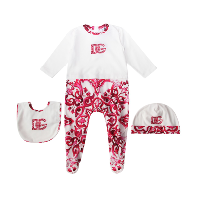 Dolce & Gabbana Kids' Maioliche Fuchsia Cotton Nursery Set In White
