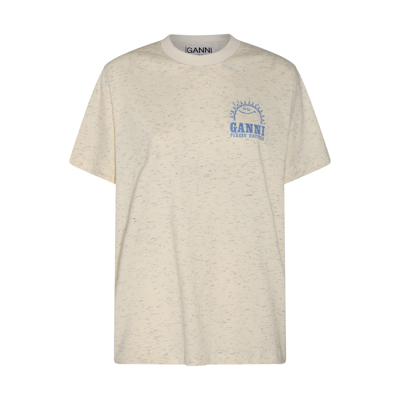 Ganni Cream And Light Blue Cotton T-shirt In Neutral