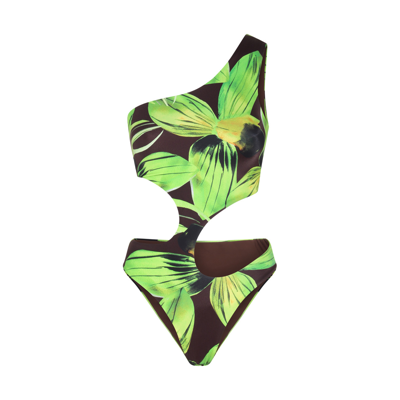 Louisa Ballou Leaf-print One Shoulder Swimsuit In Green