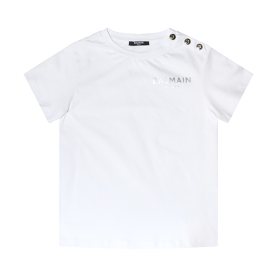 Balmain White And Siilver Cotton Logo T-shirt In White/silver