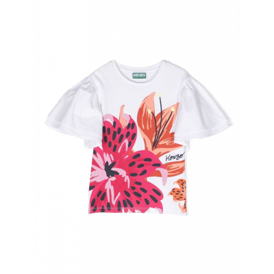 Kenzo Kids' 荷叶边细节花卉印花t恤 In Weiss