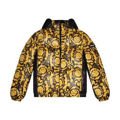 Versace Black And Gold Padded Baroque Down Jacket In Yellow