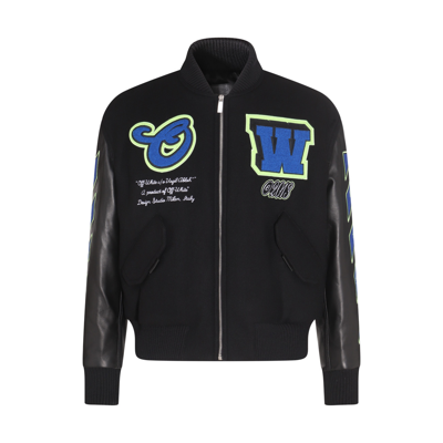 Off-white Leather Varsity Bomber With Patchwork In Black Blue