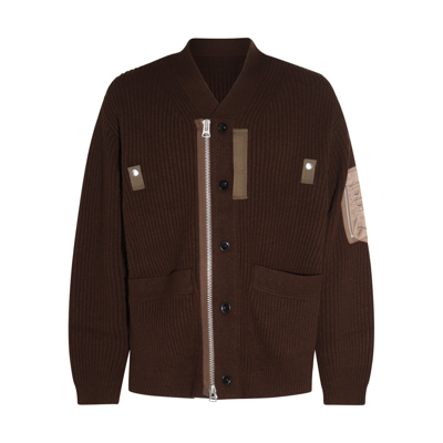 Sacai Ribbed-knit Wool And Twill Cardigan In Brown