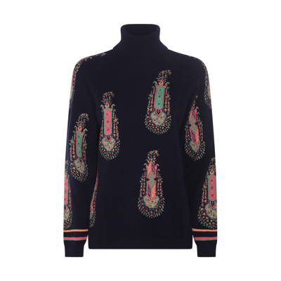 Etro Turtleneck Paisley Applique Pullover In Blue