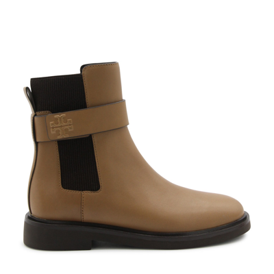 Tory Burch Brown Leather Double T Chelsea Boots In Almond