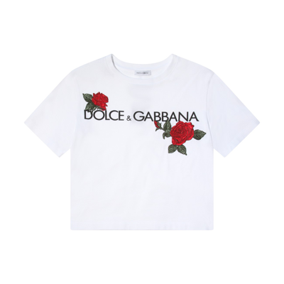 Dolce & Gabbana Jersey T-shirt With Logo Print And Rose Patch In Bianco Ottico