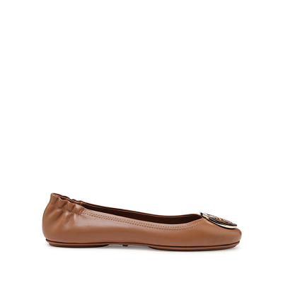 Tory Burch Camel-tone Leather Minnie Travel Ballerina Shoes In Tan