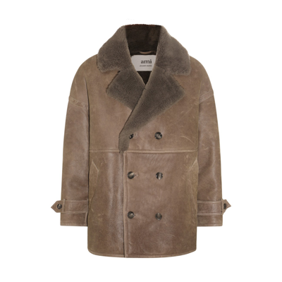 Ami Alexandre Mattiussi Taupe Leather Jacket In Brown