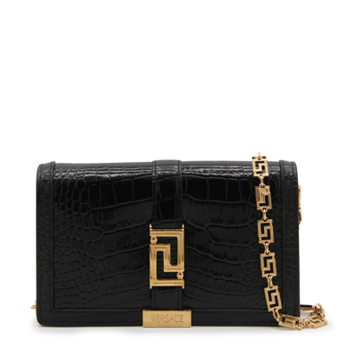 Versace Black Leather And Gold Metal Goddess Mini Shoulder Bag