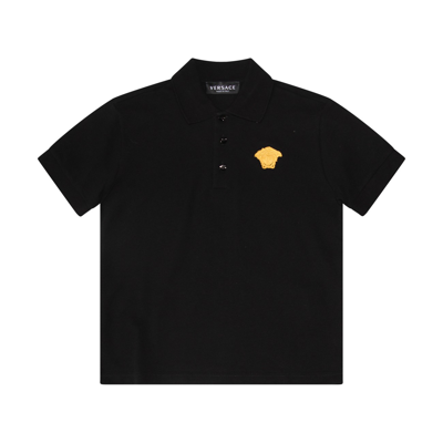 Versace Black Cotton Polo Shirt In Black/gold