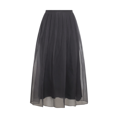 Brunello Cucinelli Lignite Silk Midi Skirt In Black