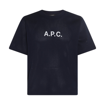 Apc Navy Blue And White Cotton T-shirt In Dark Navy