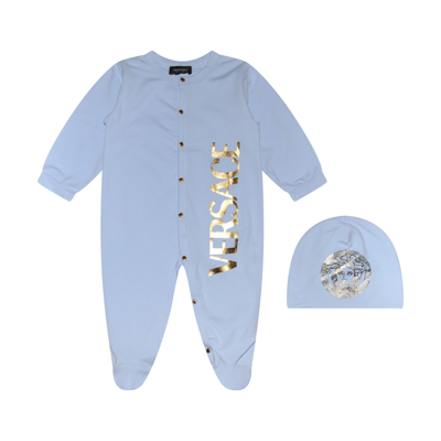 Versace Baby Blue And Gold Cotton Jumpsuit