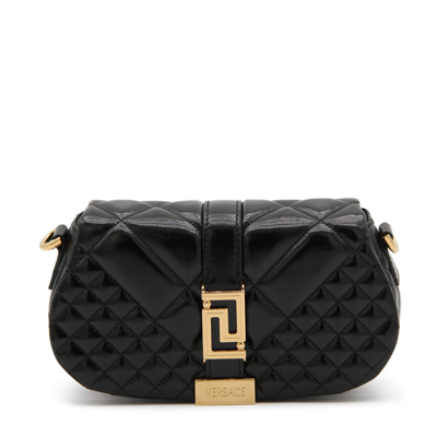 Versace Black And Gold Leather Mini Greca Goddess Shoulder Bag In Caramel/ Gold