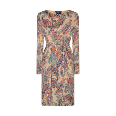 Etro Print Belted Dress In Brown