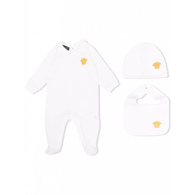 Versace Babies' White And Gold Cotton 3 Pieces Suit In Bianco+oro